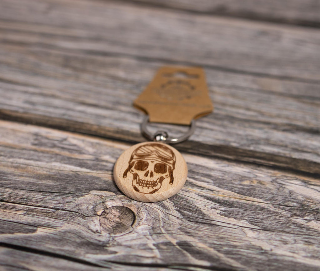 Motorcycle Skull Keychain – Double Sided Engraved Hardwood & Stainless Steel Ring