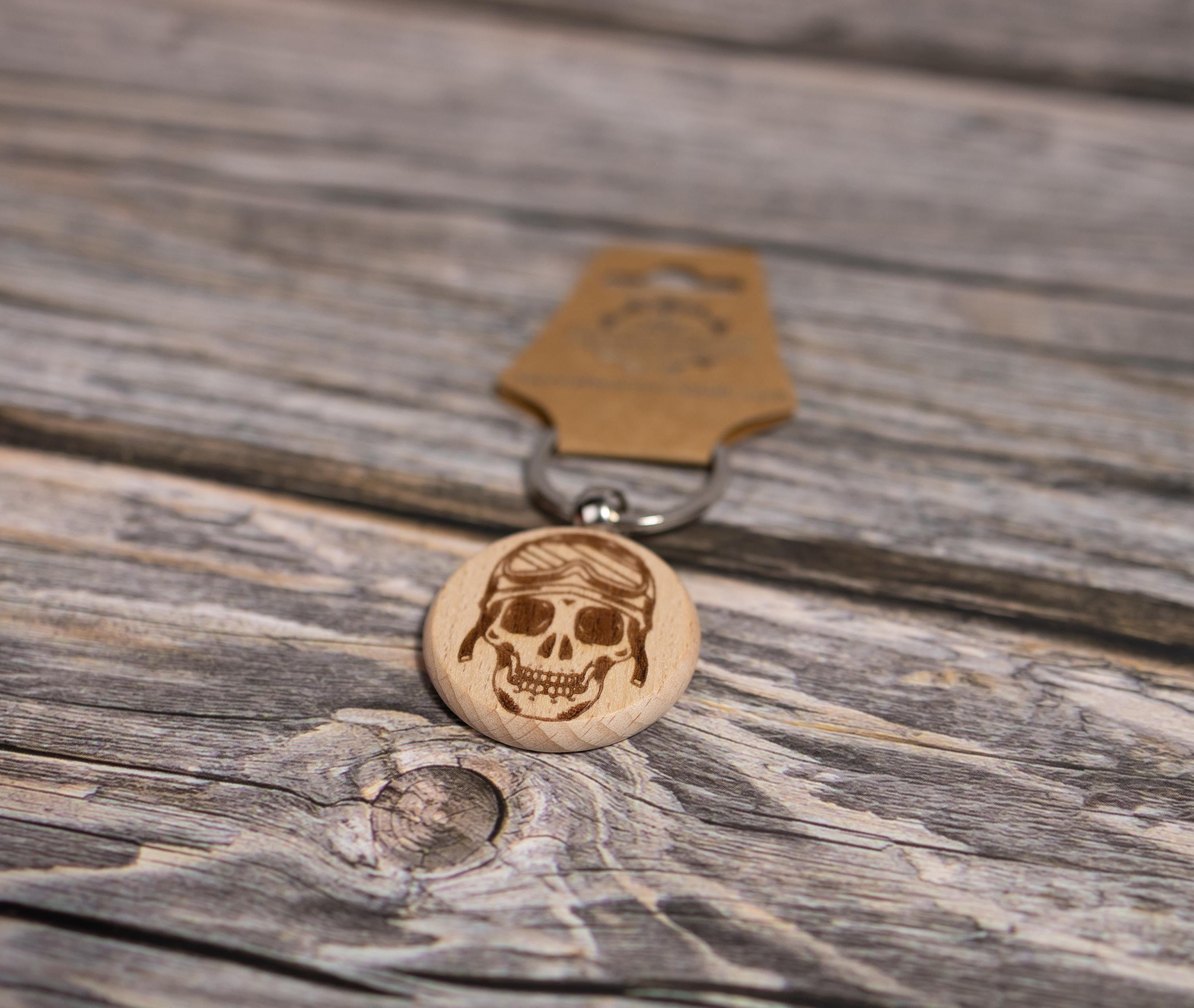 Motorcycle Skull Keychain – Double Sided Engraved Hardwood & Stainless Steel Ring