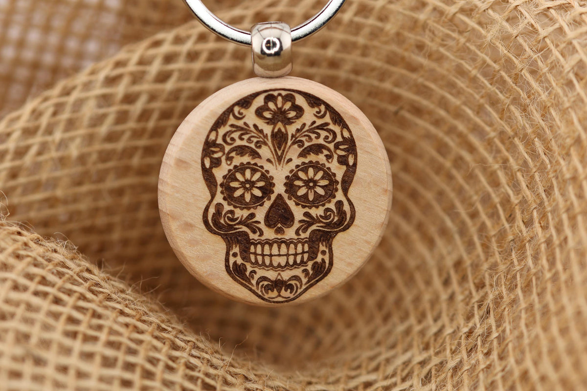 Day of the Dead Keychain – Hardwood Sugar Skull Charm | Laser Engraved, Durable Accessory