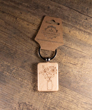 Wood Keychain - Laser Engraved Floral Vase Hardwood Bag Charm with Stainless Steel Ring
