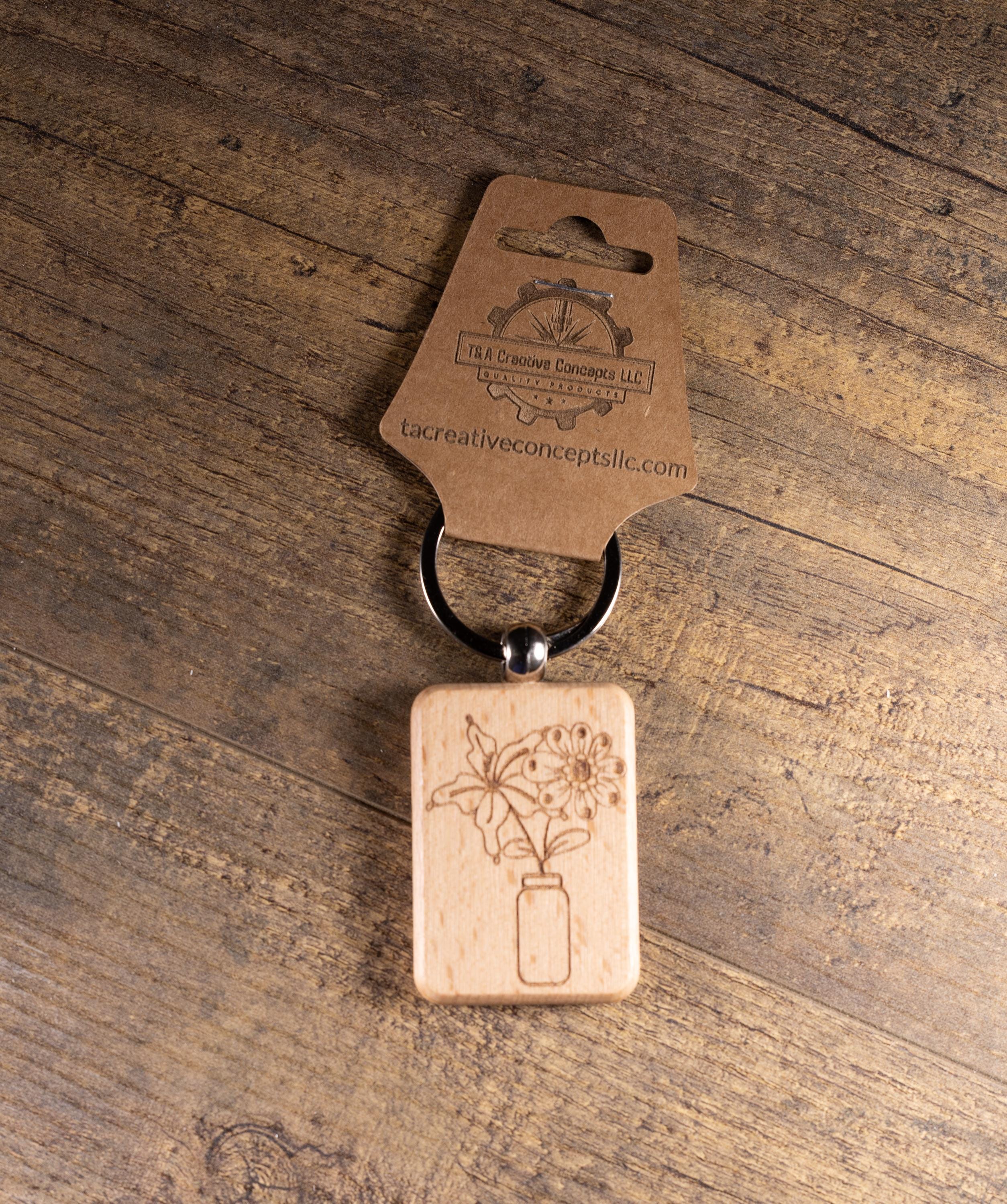 Wood Keychain - Laser Engraved Floral Vase Hardwood Bag Charm with Stainless Steel Ring