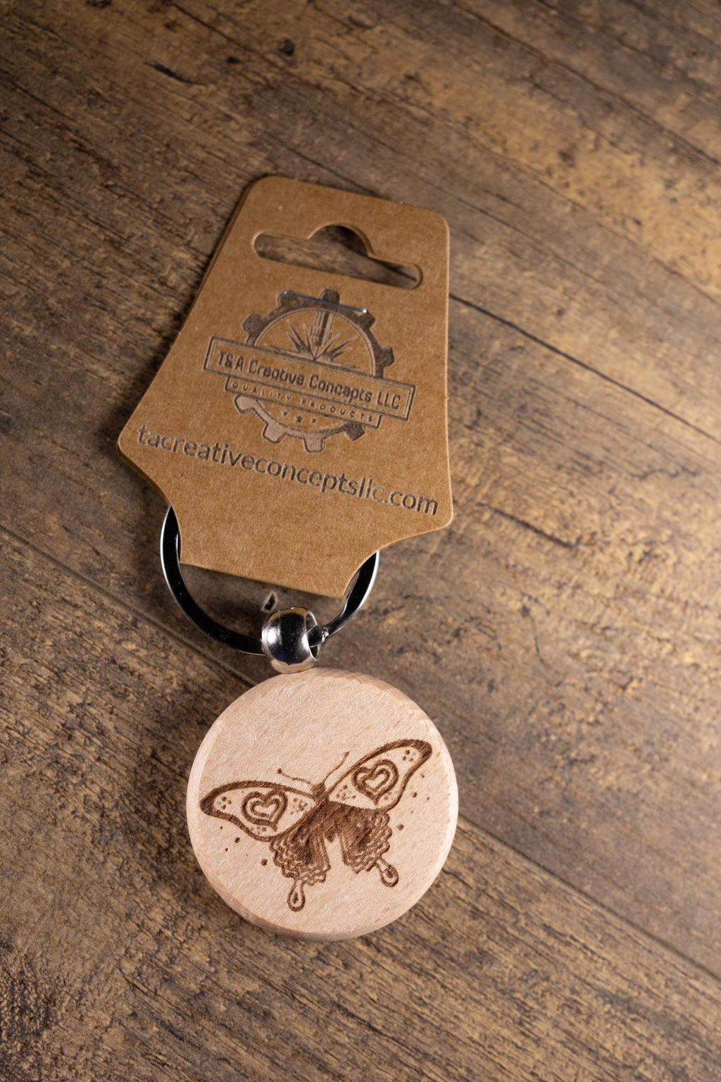 Laser Engraved Keychain - Solid Hardwood Butterfly Bag Charm with Stainless Steel Ring