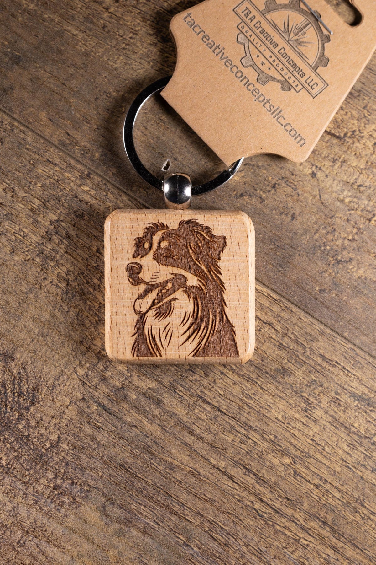 Wooden Dog Keychain - Australian Shepherd Gift | Solid Hardwood Charm, Durable Stainless Steel