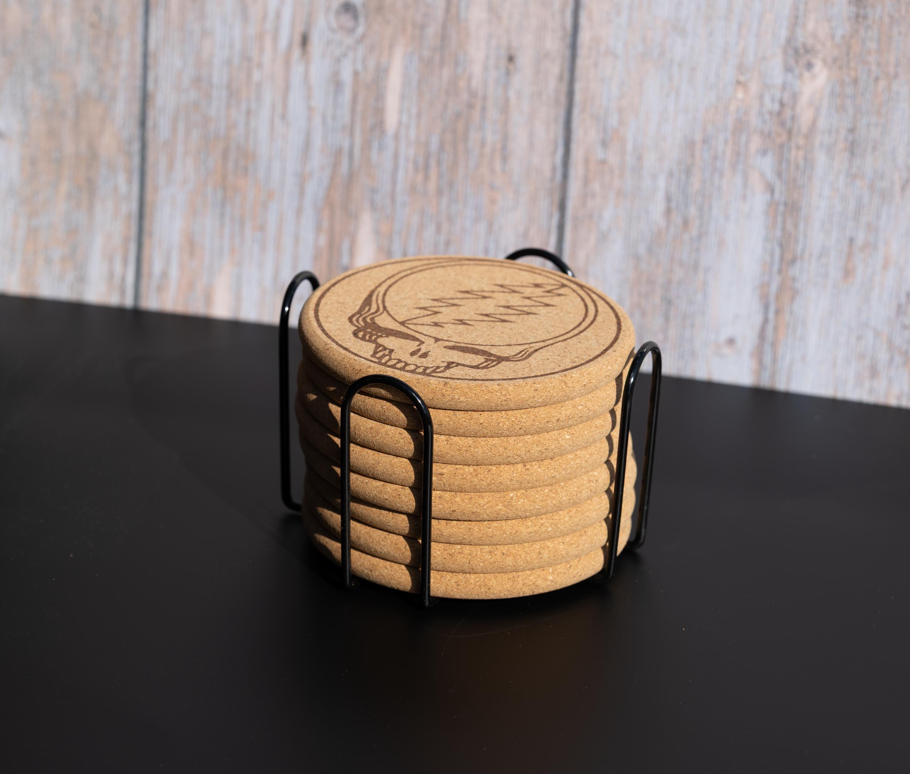 Grateful Dead Coasters – Natural Cork Set with Steal Your Face Design & Holder