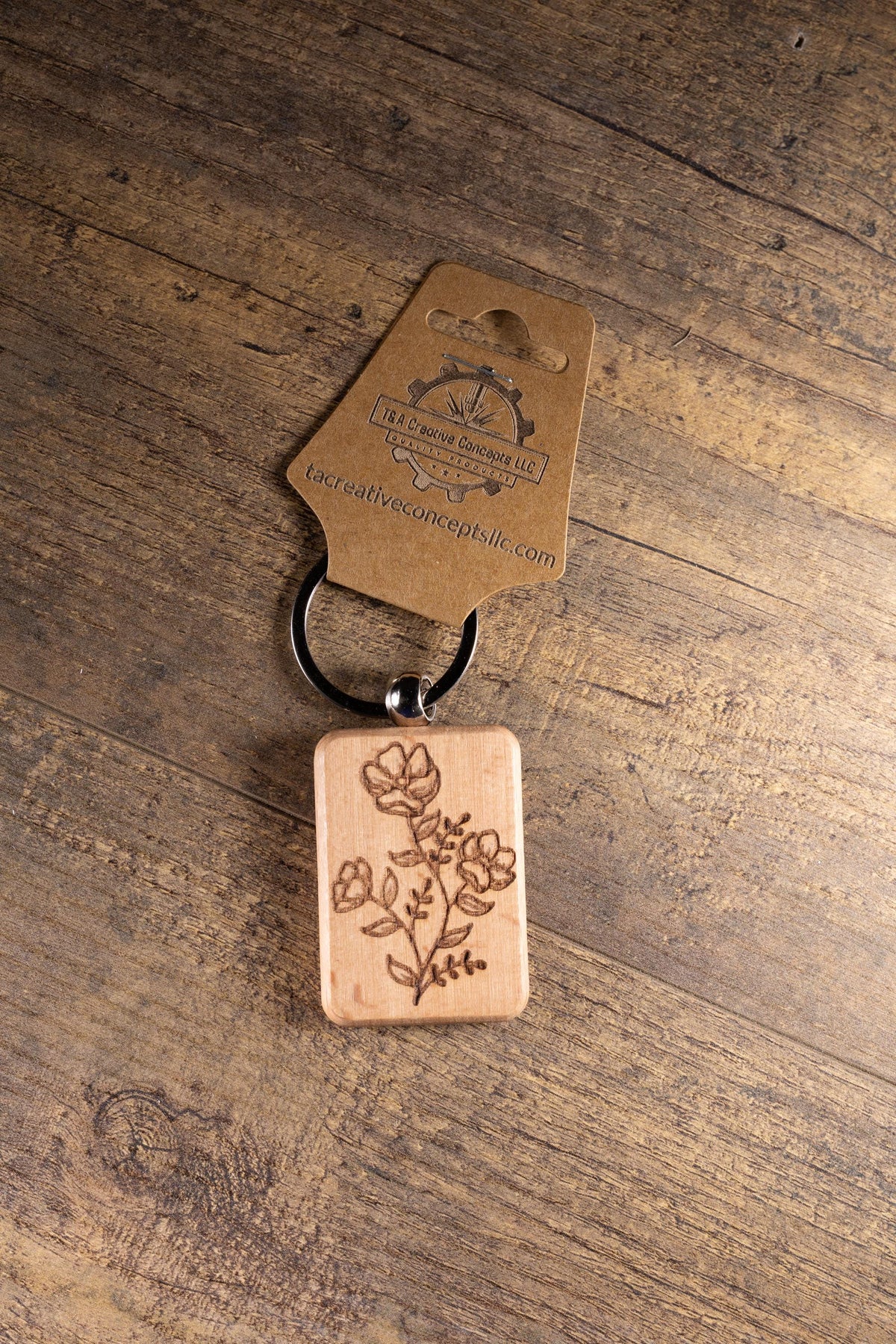 Wood Floral Keychain – Laser Engraved Charm with Solid Hardwood & Stainless Steel Hardware