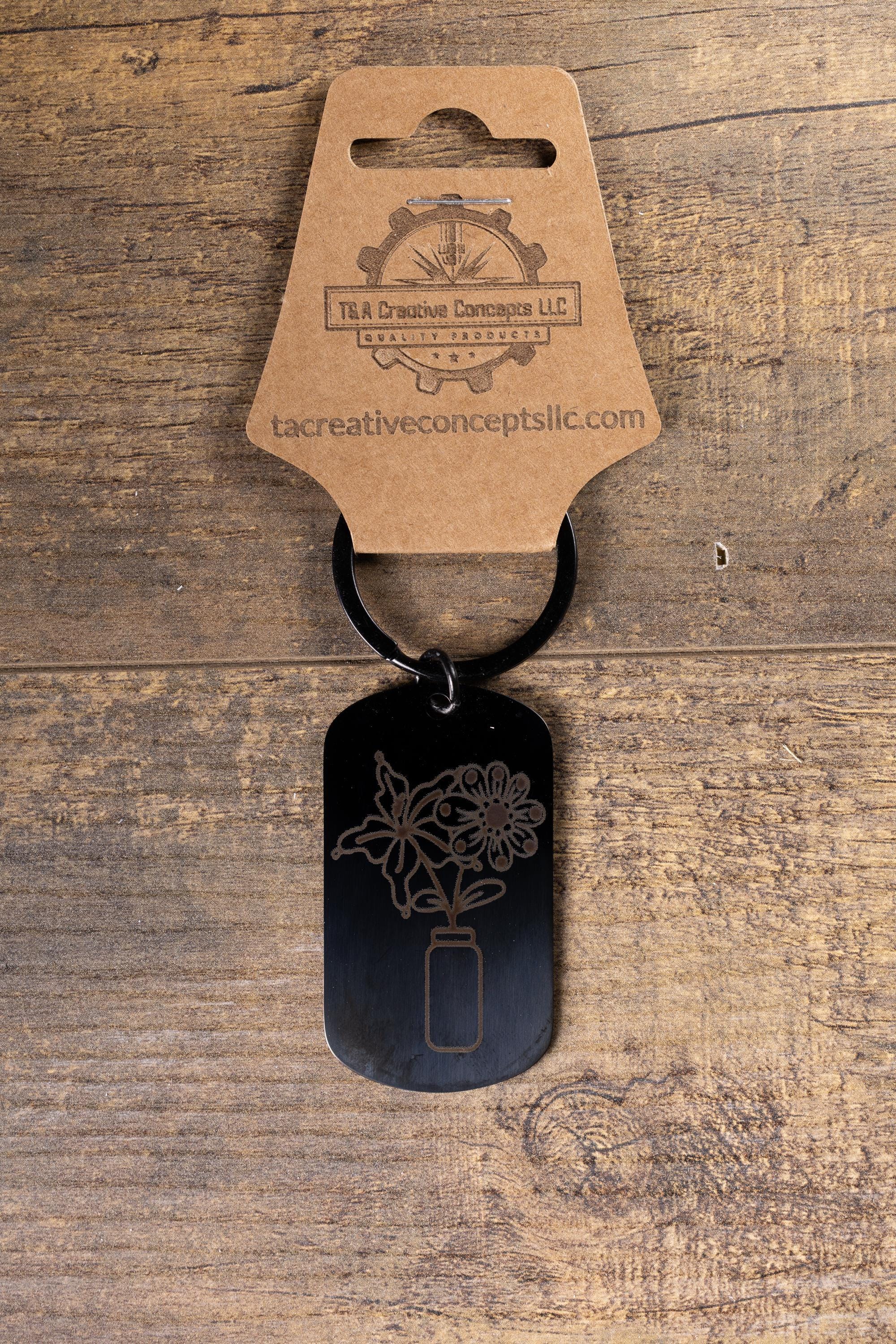 Floral Vase Keychain - Black Steel Durable Keepsake with Laser Engraved Charm