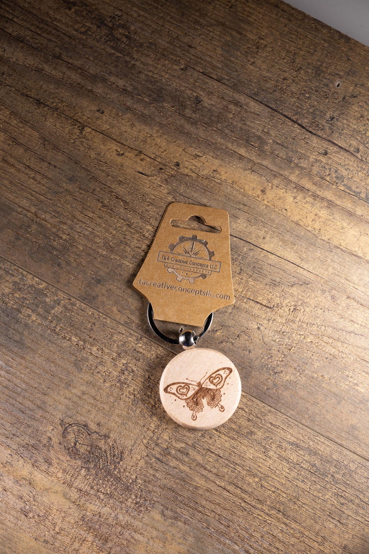 Laser Engraved Keychain - Solid Hardwood Butterfly Bag Charm with Stainless Steel Ring
