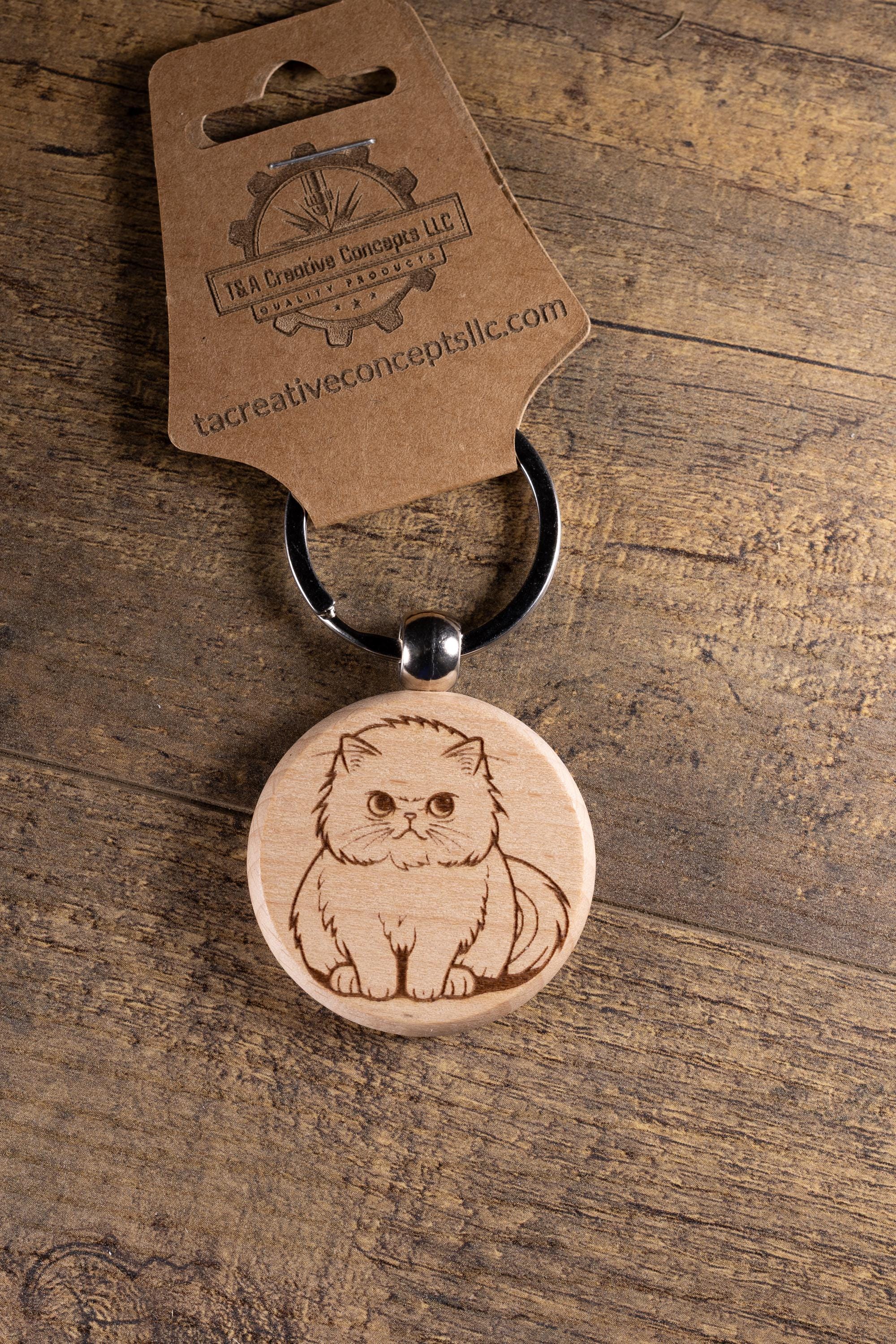 Cat Wood Keychain – Handmade Cat Charm With Laser Engraved Wood Grain