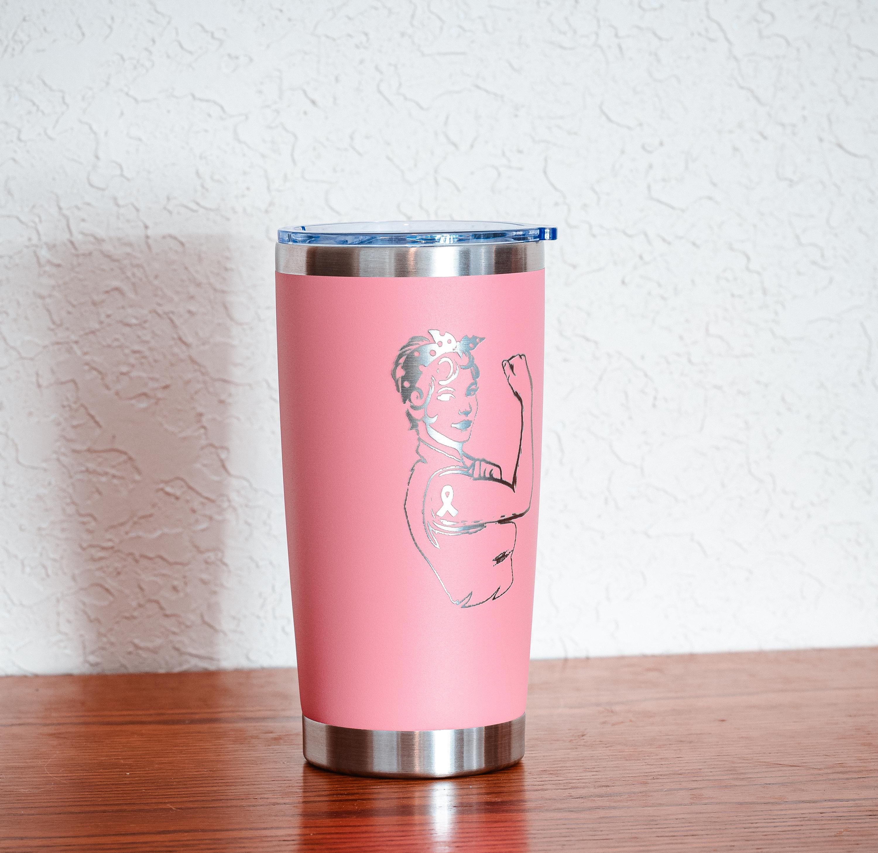 Pink Rosie The Riveter Tumbler - 20oz Stainless Steel Cup, Breast Cancer Gift