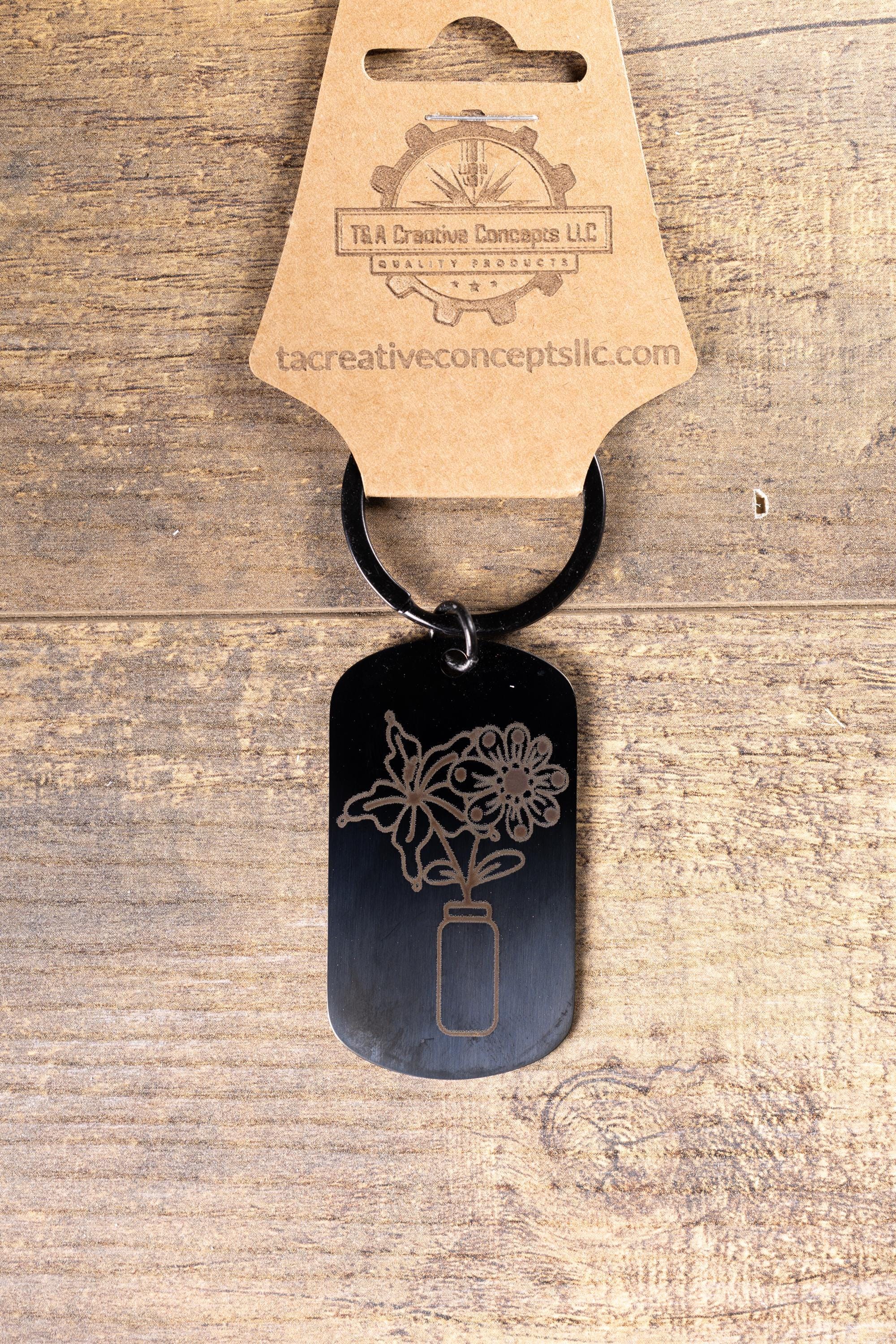 Floral Vase Keychain - Black Steel Durable Keepsake with Laser Engraved Charm