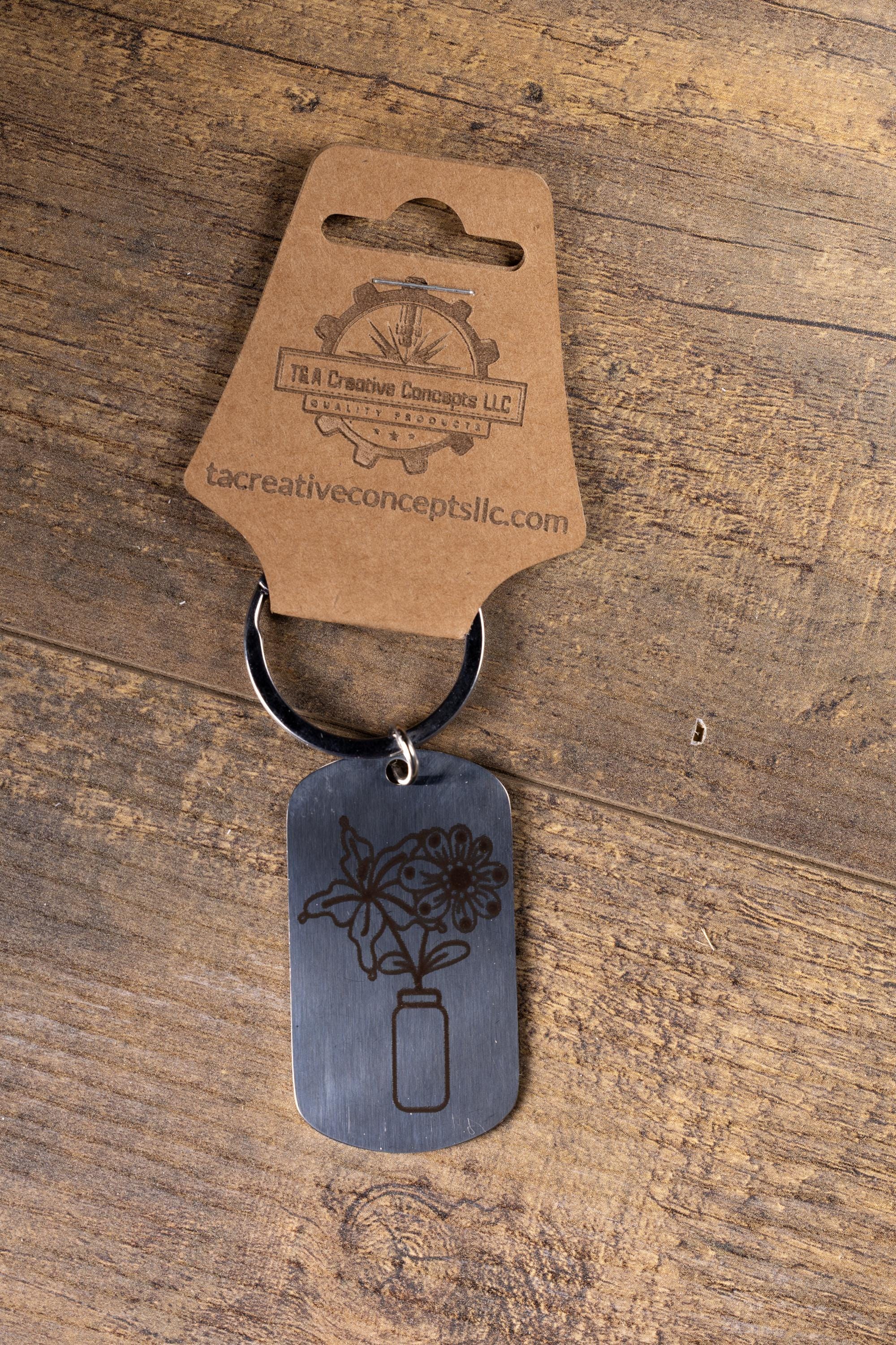 Floral Vase Keychain – Stainless Steel Engraved Floral Keepsake Accessory