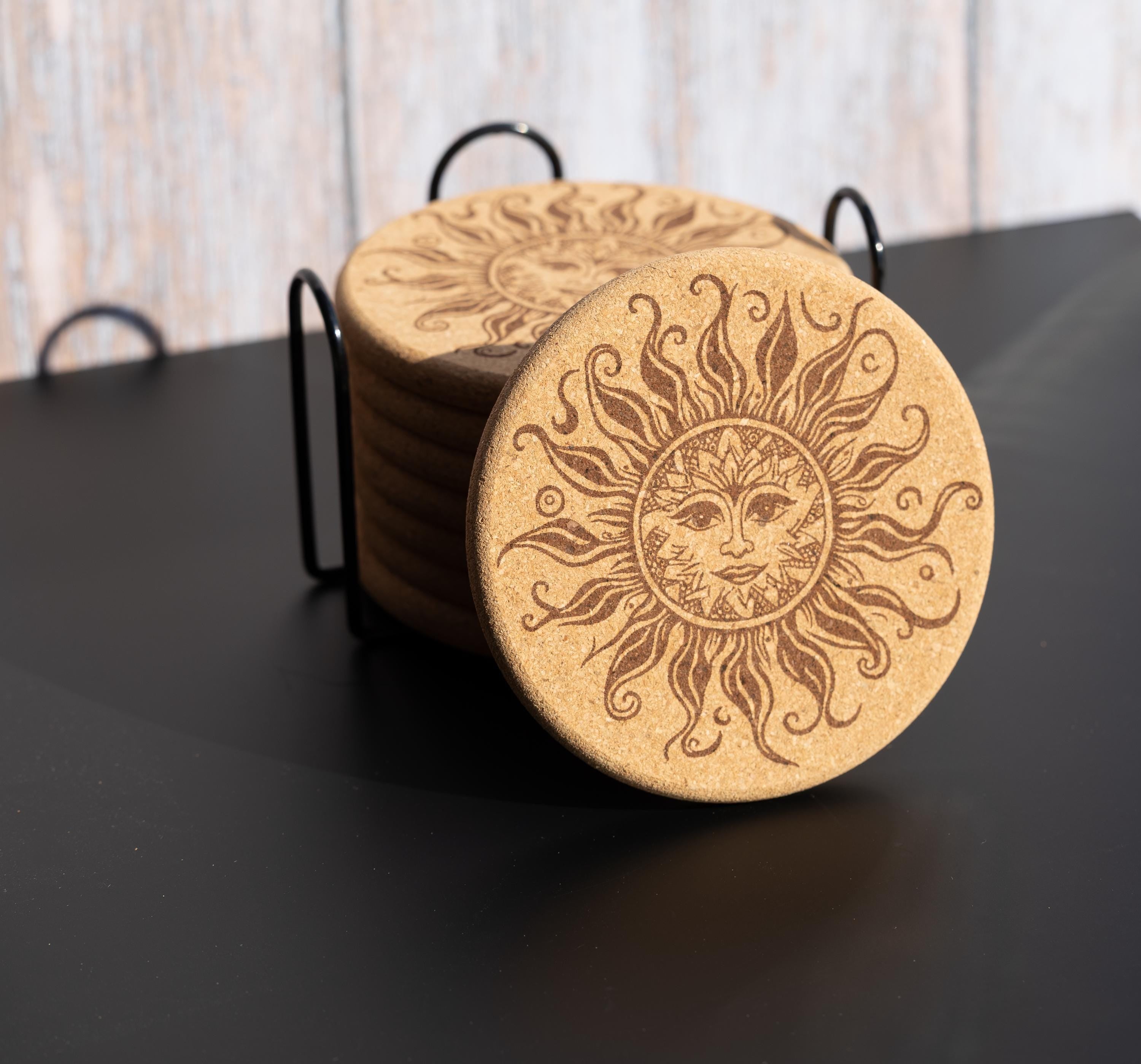 Sun Cork Coasters - Set of 8 Laser Engraved Boho Rustic Drink Mats with Holder