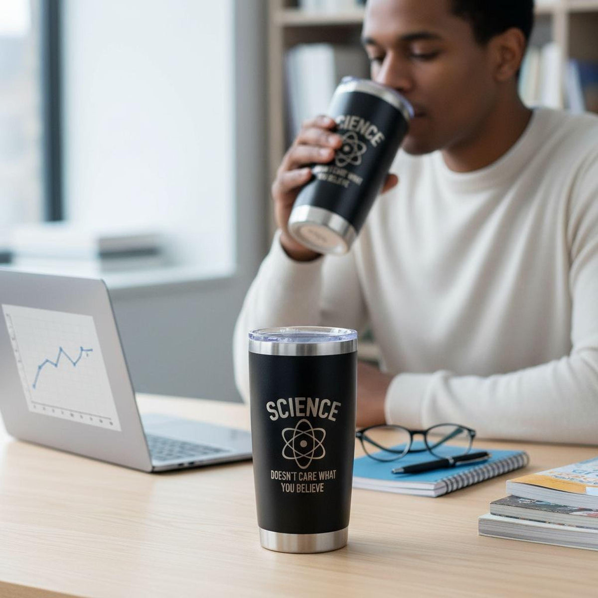 A man is sitting at a desk, drinking from a black tumbler with the text "SCIENCE DOESN'T CARE WHAT YOU BELIEVE" printed on it. The desk also has a laptop, a notebook, and some books.