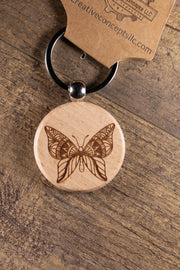 Butterfly Keychain - Laser Engraved Wood Bag Charm with Stainless Steel Ring