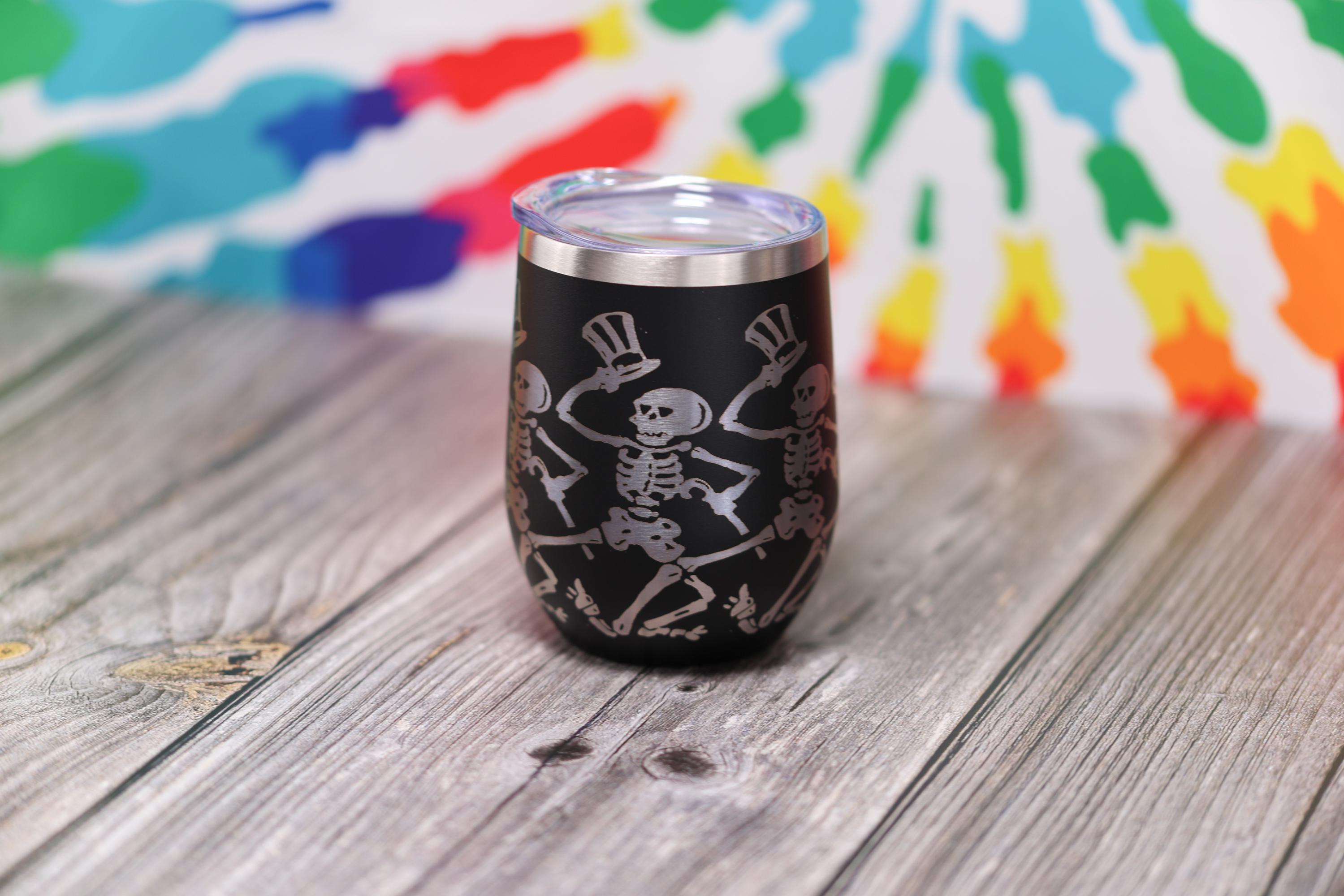 Dancing Skeleton Wine Tumbler - Laser Engraved, Double Wall Vacuum Cup, Custom Color
