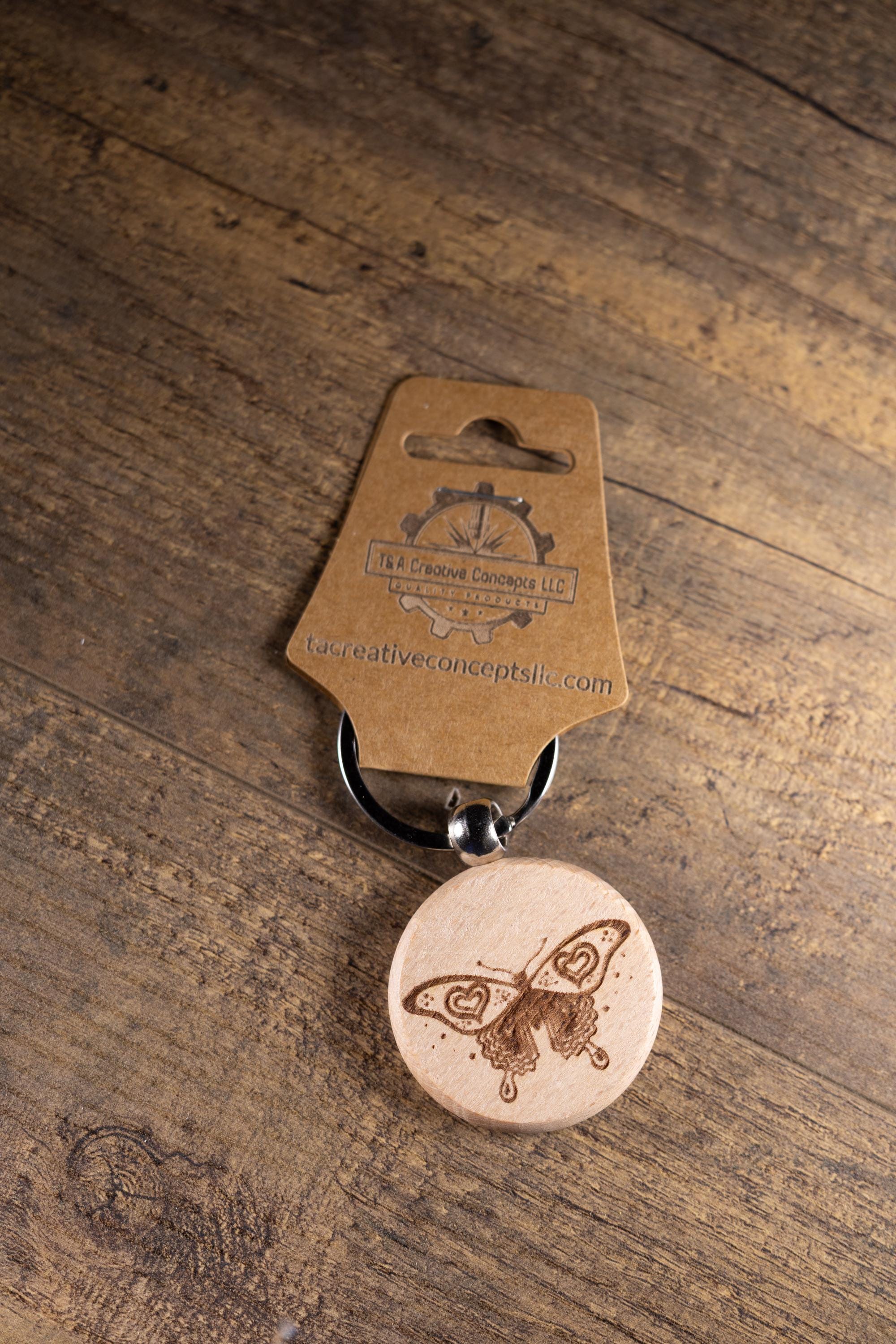 Laser Engraved Keychain - Solid Hardwood Butterfly Bag Charm with Stainless Steel Ring