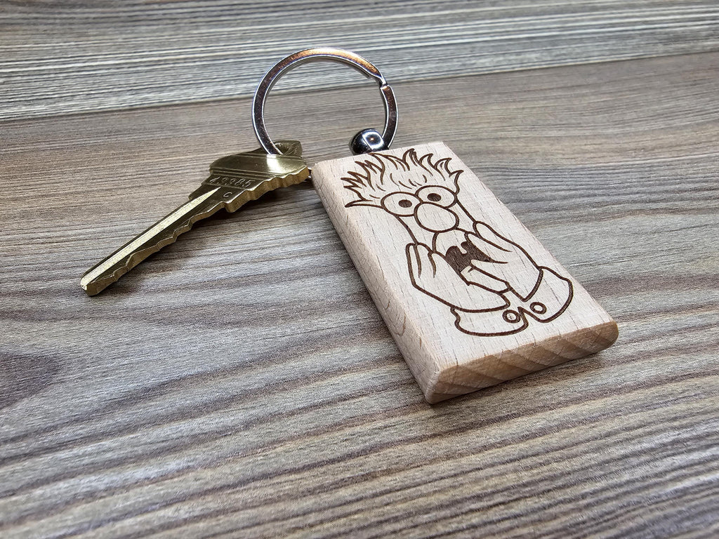 Beaker Muppets Keychain - Double Sided Laser Engraved Wood Charm With Stainless Steel Ring