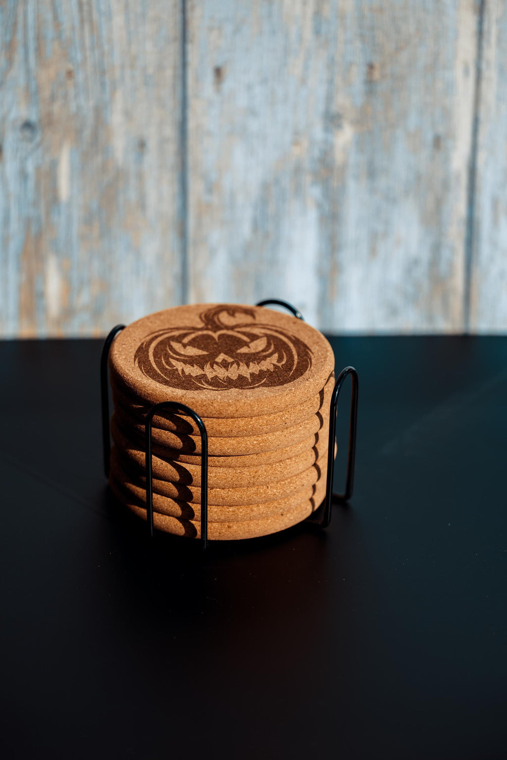Halloween Pumpkin Coasters – Natural Cork Set | Laser Engraved Pumpkin Coaster Holder