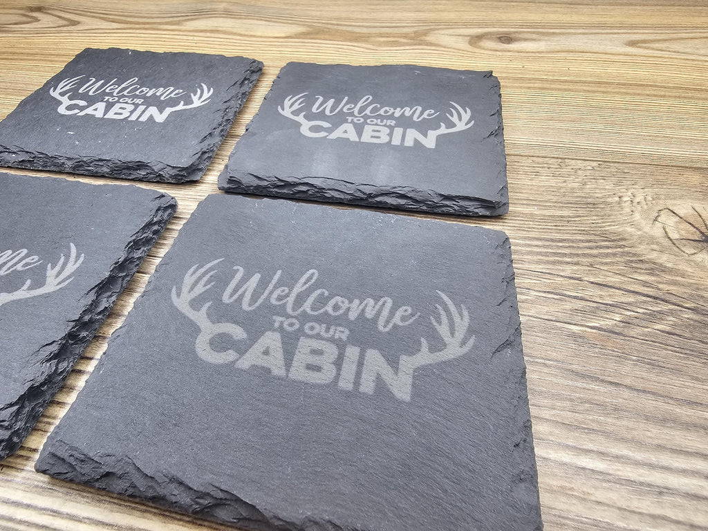 Rustic Slate Coasters – Laser Engraved Cabin Drink Pads | Set of 4 Durable Slate