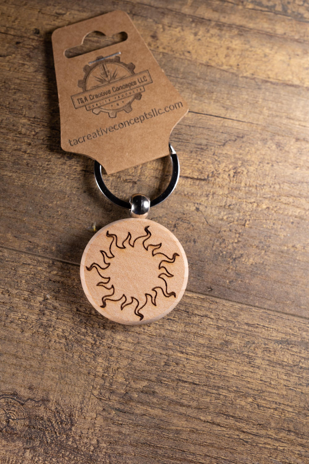 Wood Sun Keychain - Laser Engraved Solid Hardwood Charm | Stainless Steel Ring