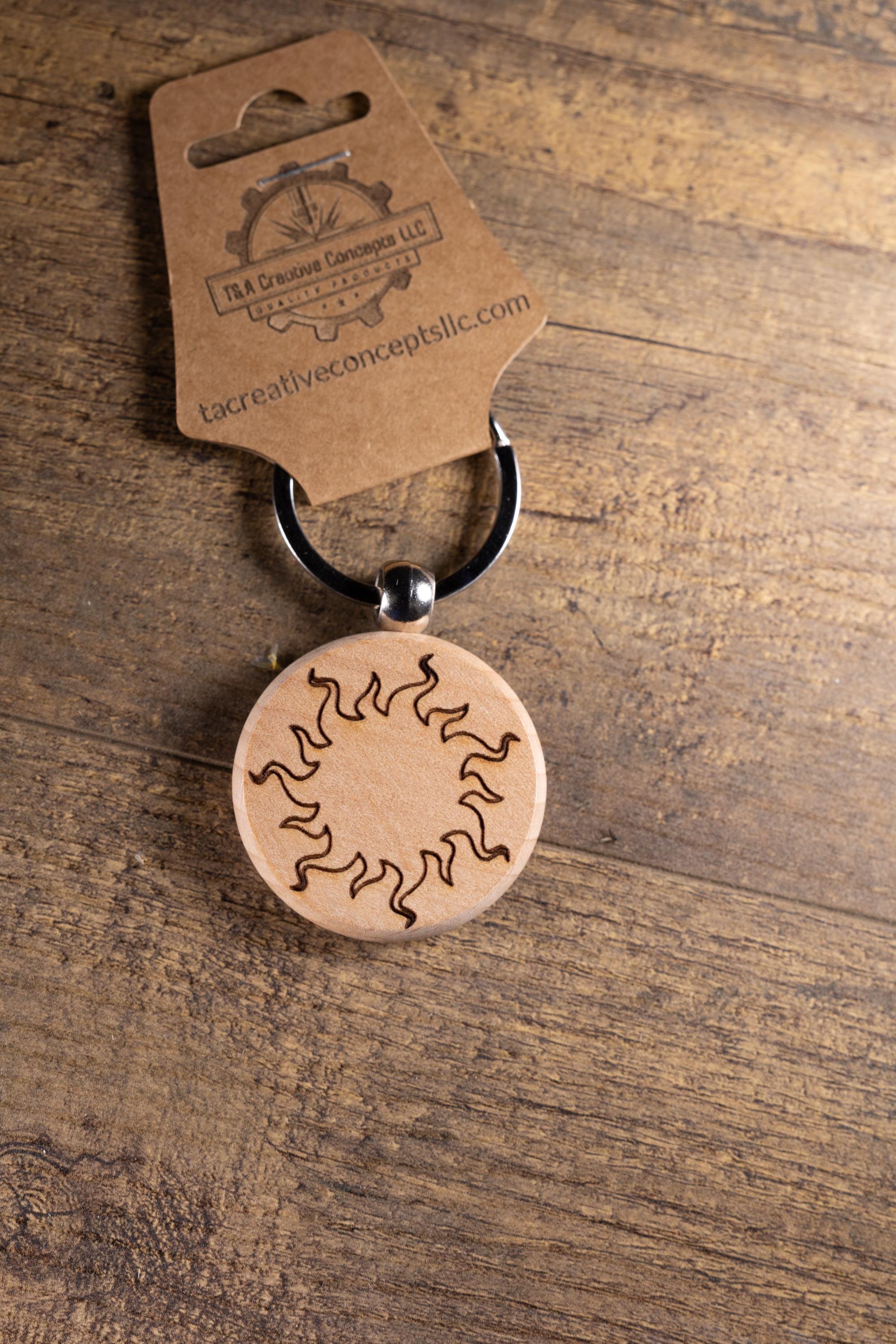 Wood Sun Keychain - Laser Engraved Solid Hardwood Charm | Stainless Steel Ring