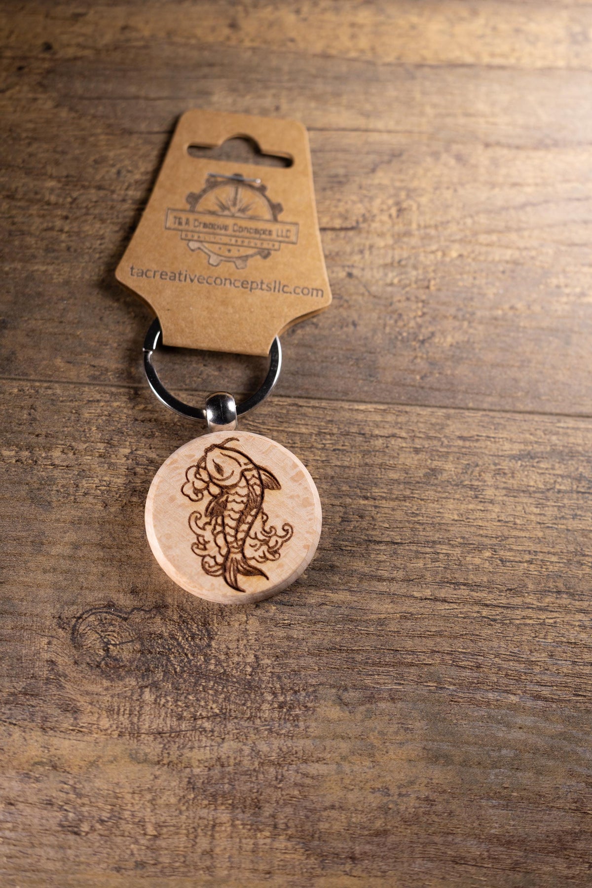 Koi Fish Keychain – Laser Engraved Hardwood With Stainless Steel Ring, Natural Finish