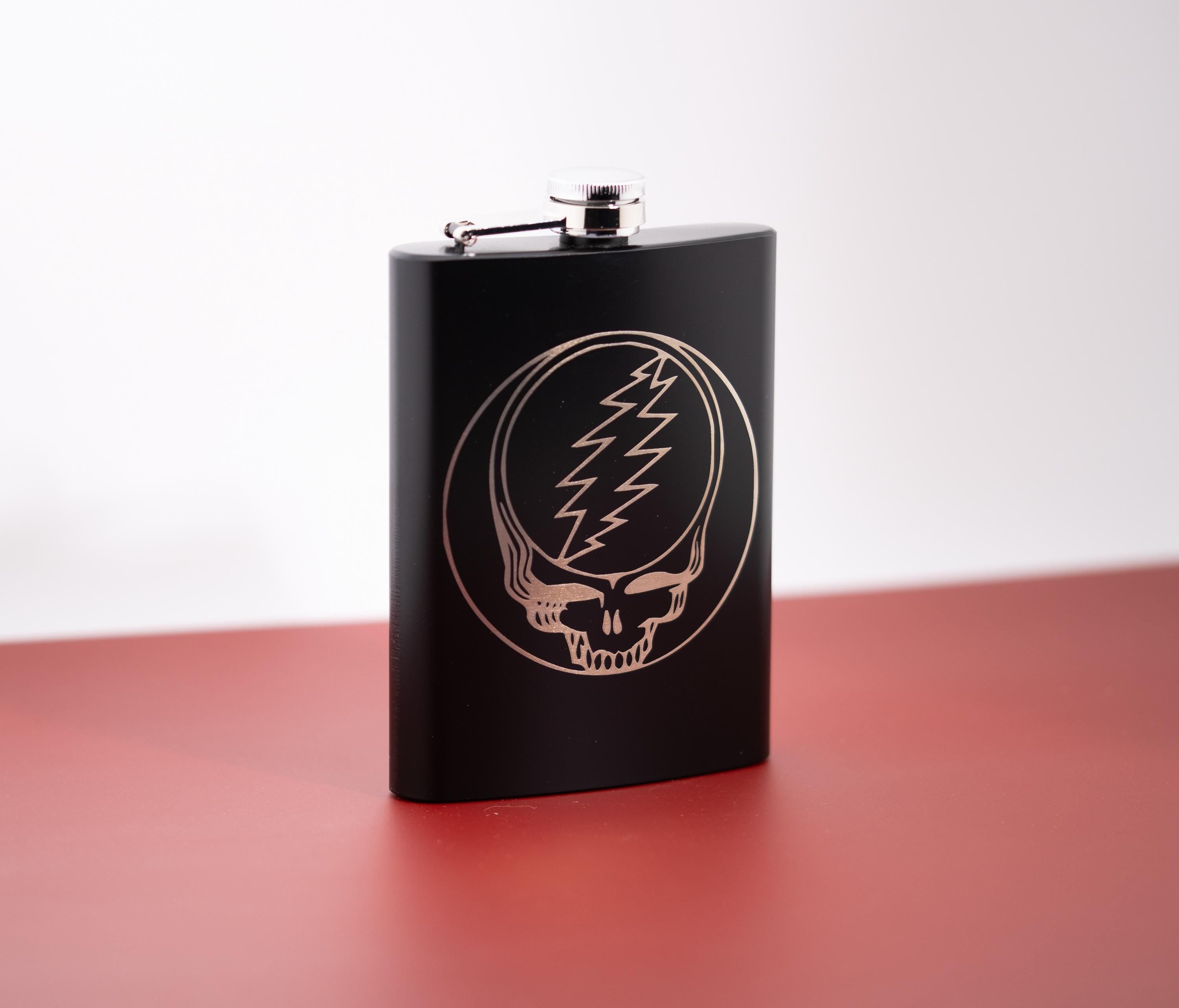 Grateful Dead Flask – 8oz Stainless Steel Pocket Flask With Laser Engraved SYF Emblem