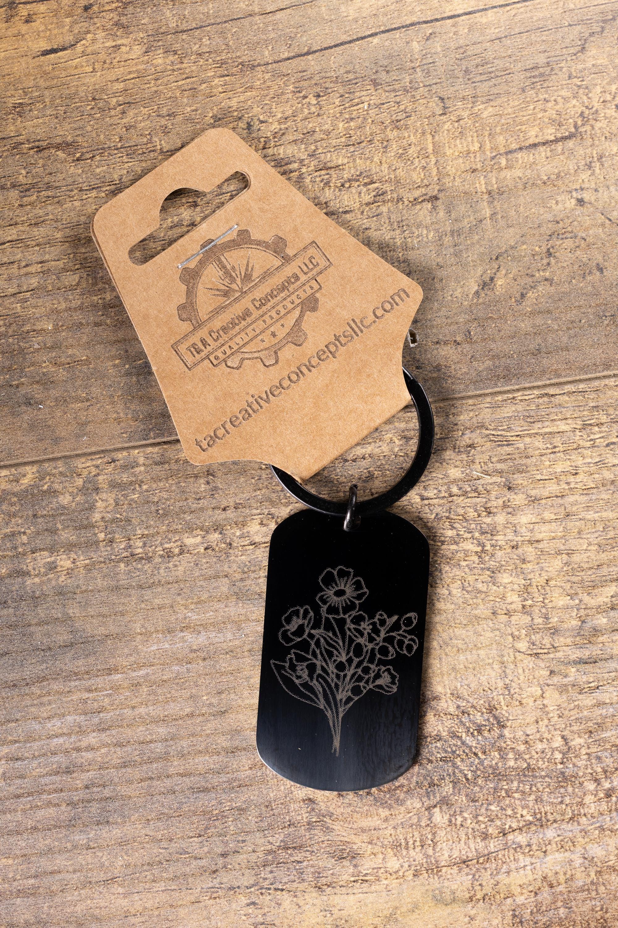 Black Stainless Steel Keychain – Floral Engraved Design | Fade Resistant, Matte Finish