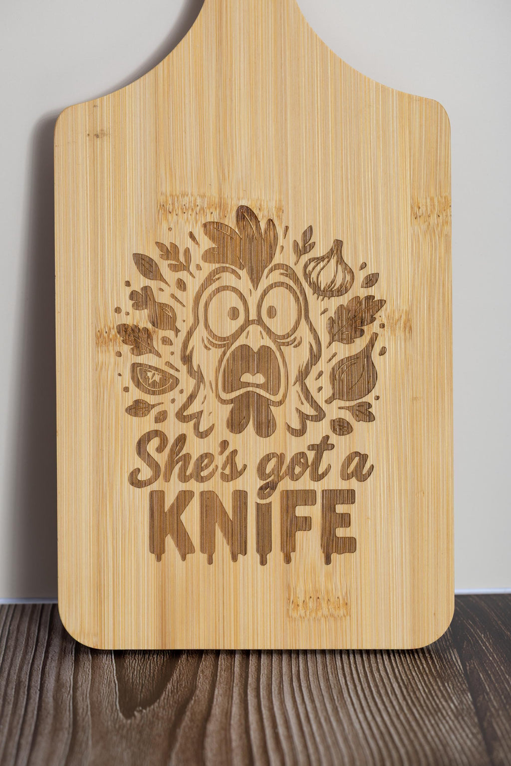 Bamboo Cutting Board – Funny 'She’s Got a Knife' Engraved, Eco Friendly Board 5x11