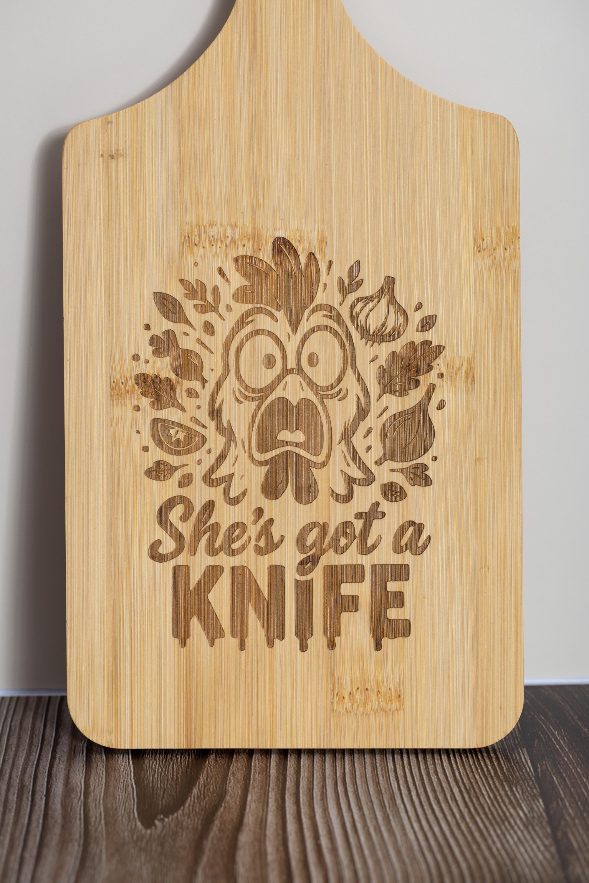 Bamboo Cutting Board – Funny 'She’s Got a Knife' Engraved, Eco Friendly Board 5x11