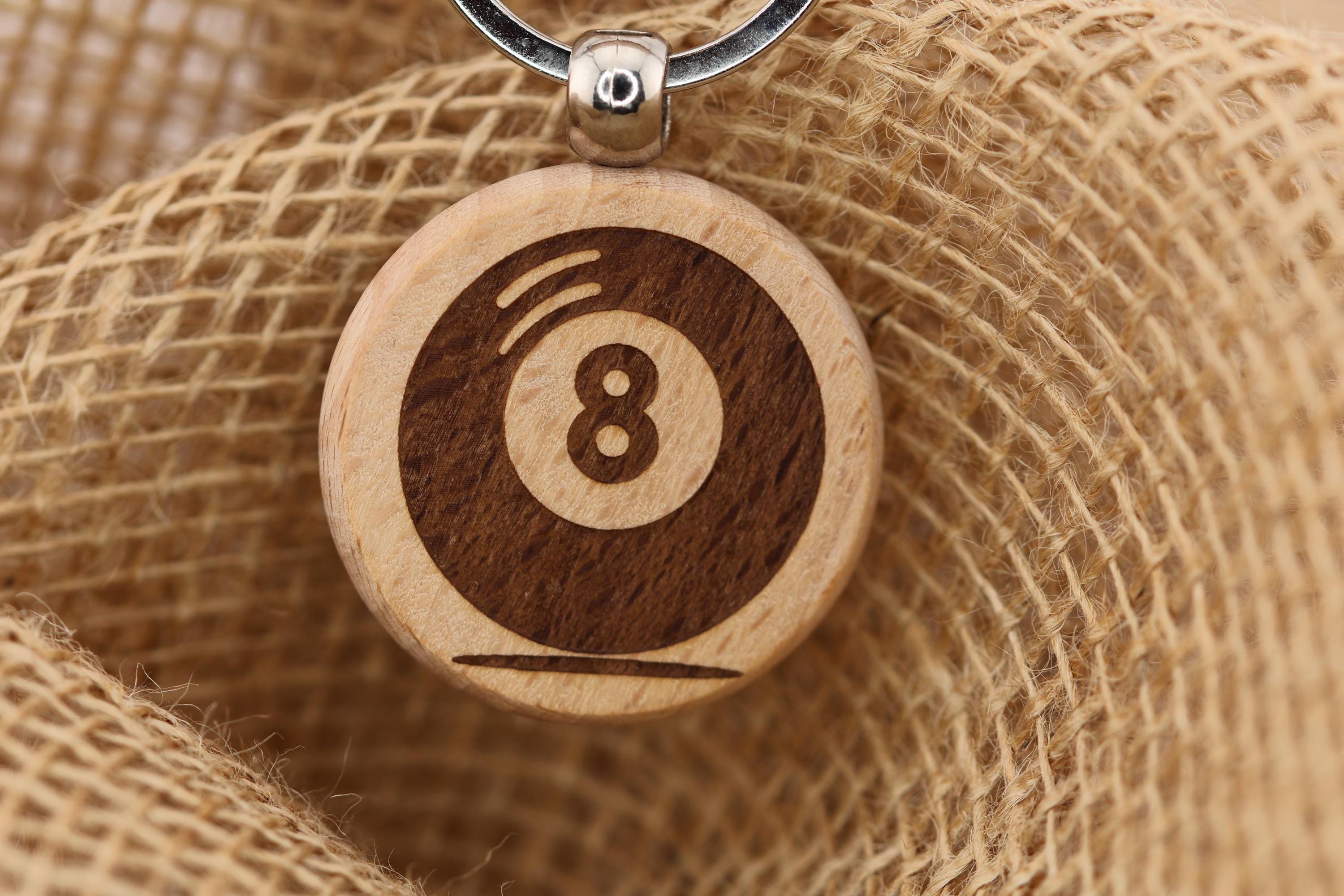 8 Ball Keychain – Laser Engraved Hardwood With Stainless Steel Ring, Game Themed Collectible