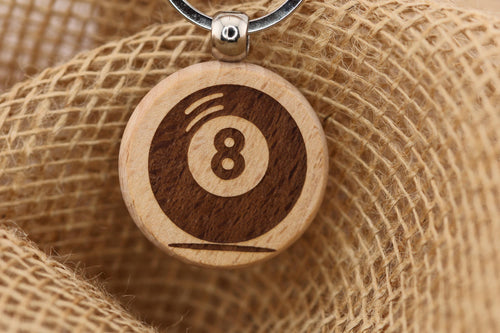 8 Ball Keychain – Laser Engraved Hardwood With Stainless Steel Ring, Game Themed Collectible