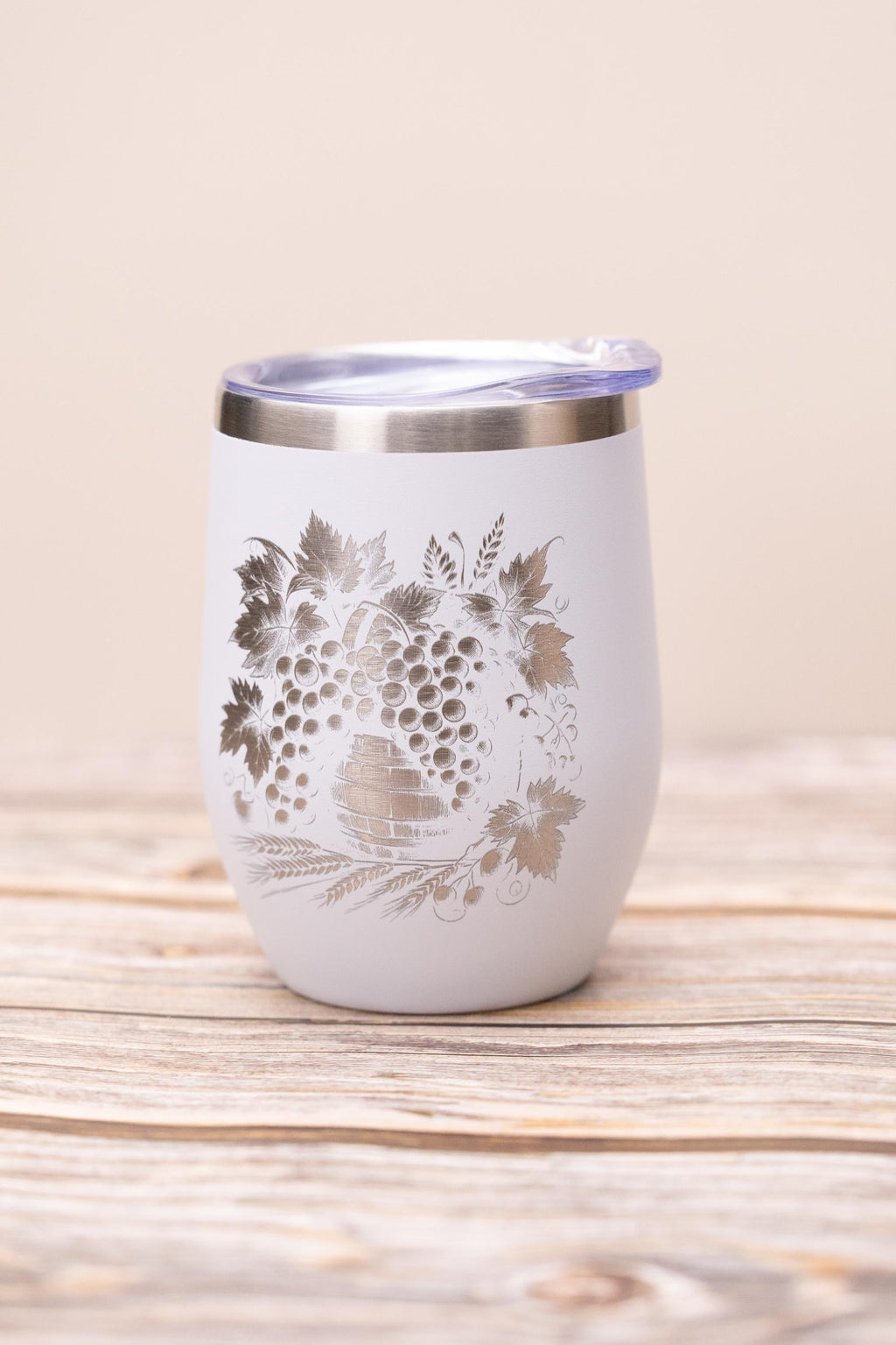 Wine Tumbler - Stainless Steel Cup With Spill Proof Lid & Laser Engraved Grape Design