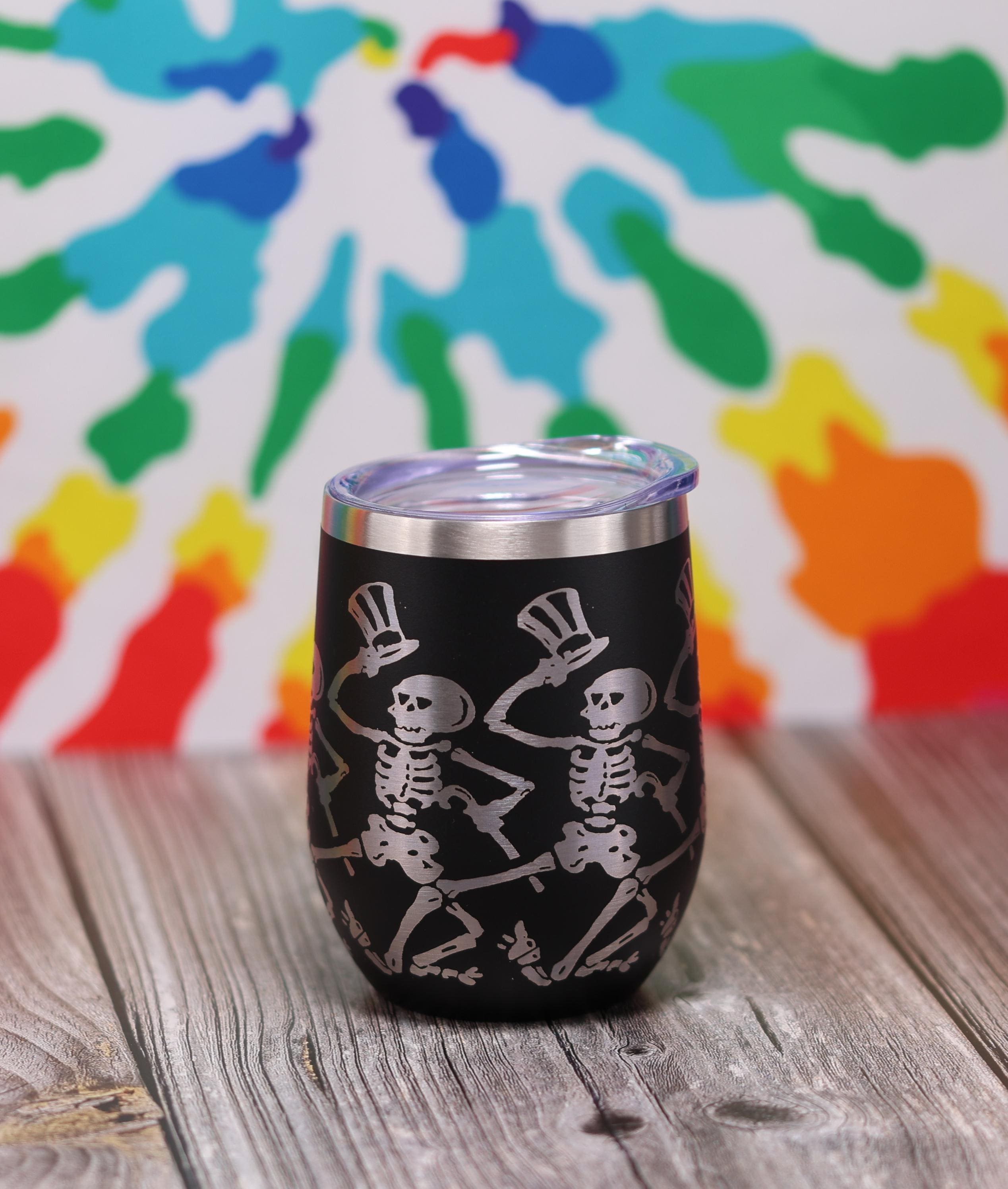 Dancing Skeleton Wine Tumbler - Laser Engraved, Double Wall Vacuum Cup, Custom Color