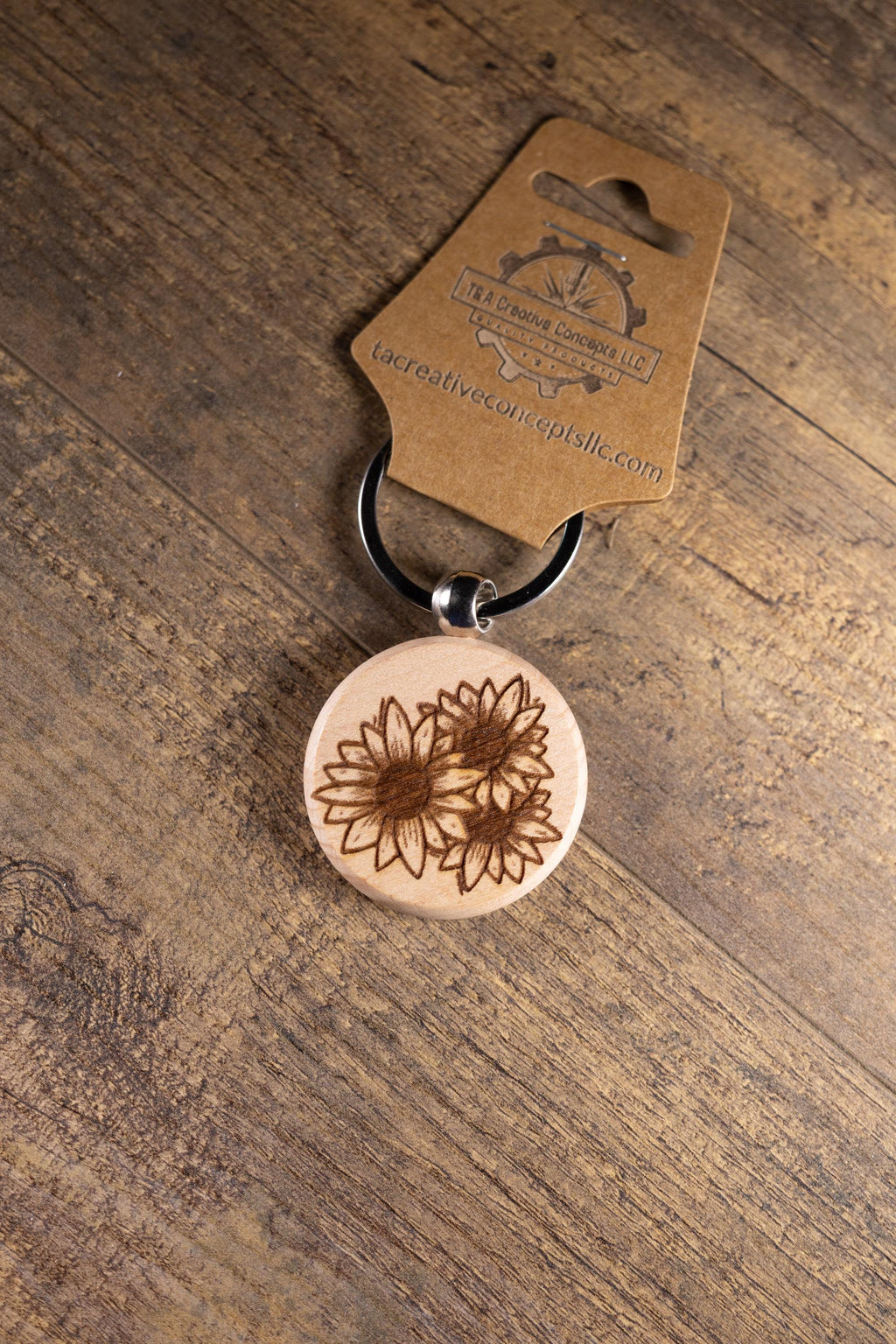 Sunflower Wood Keychain - Laser Engraved Hardwood With Stainless Steel Ring