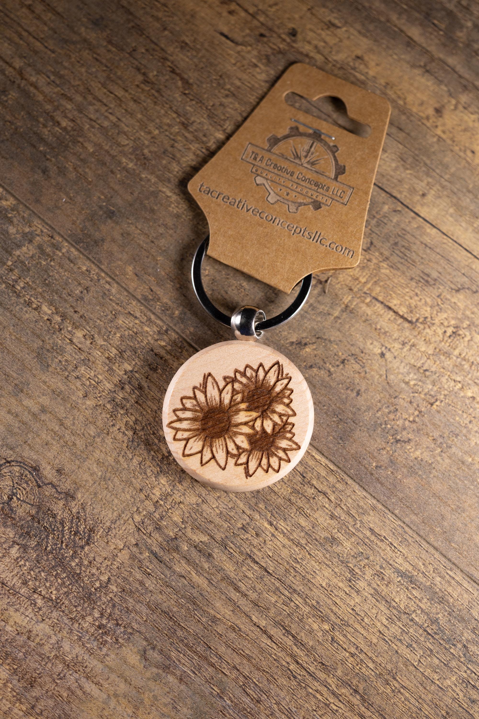 Sunflower Wood Keychain - Laser Engraved Hardwood With Stainless Steel Ring