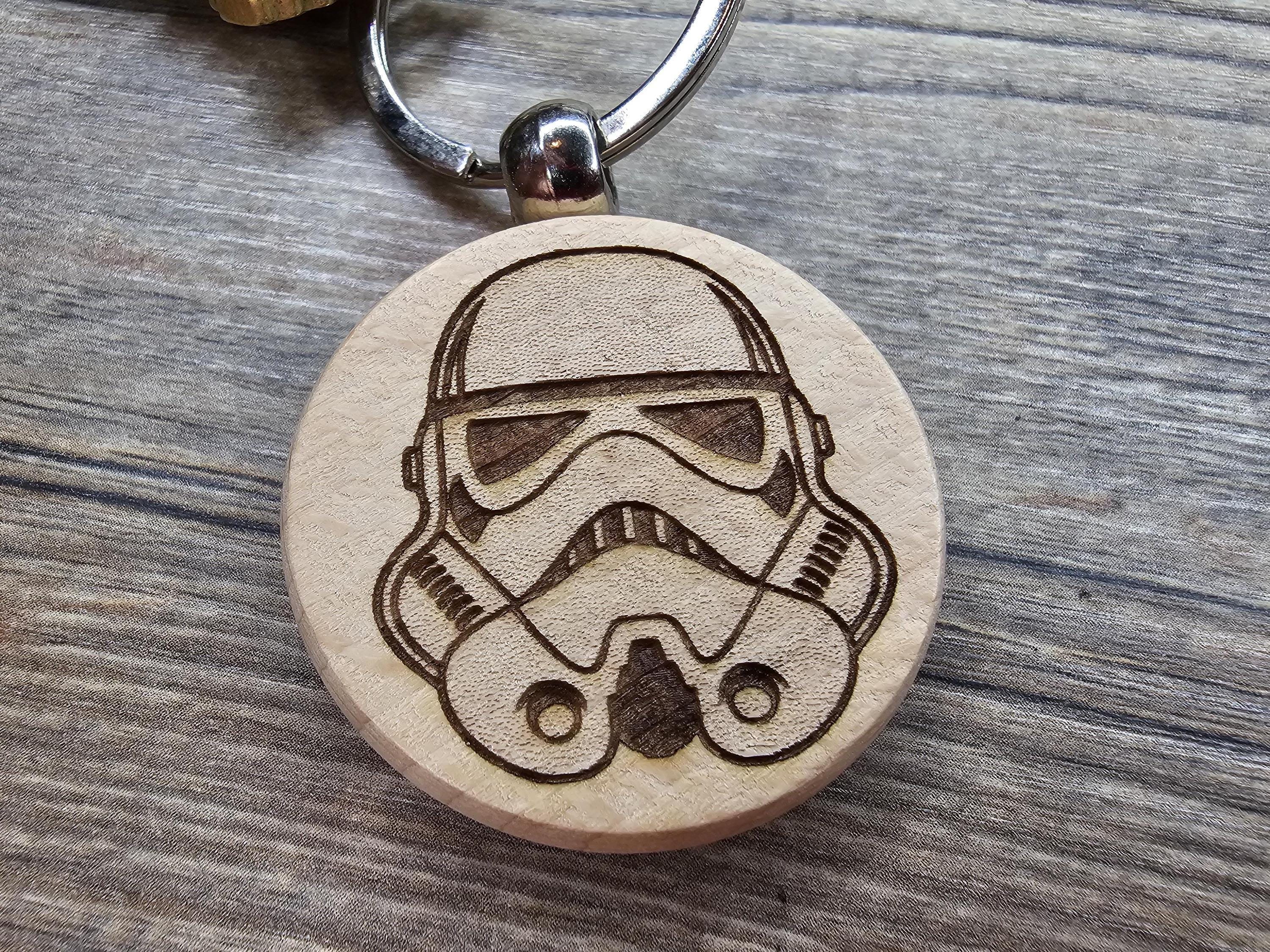 Stormtrooper Keychain - Hardwood Double-Sided Laser Engraved Design with Rust Resistant Ring