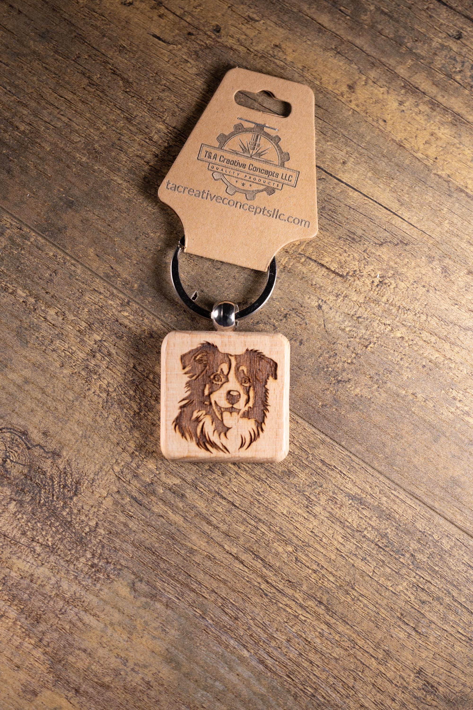 Australian Shepherd Keychain - Laser Engraved Wood Charm With Durable Stainless Steel Ring