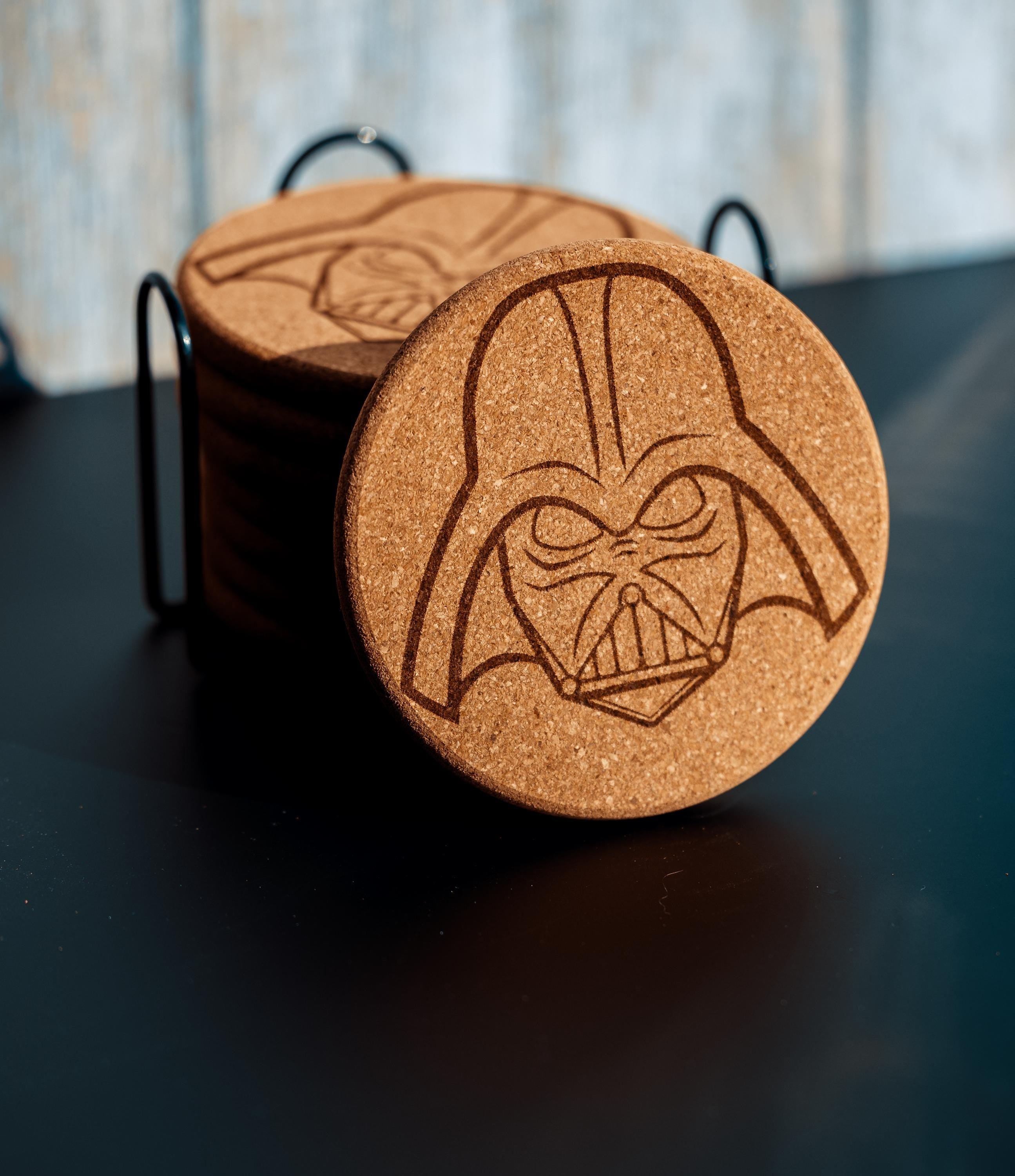 Darth Vader Coasters – Star Wars Drink Mats | Laser Engraved Cork Set with Holder