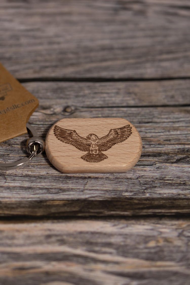 Eagle Keychain Wood - Laser Engraved Rustic Hardwood Charm with Stainless Steel Hardware