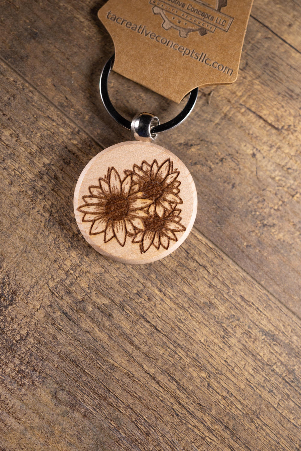 Sunflower Wood Keychain - Laser Engraved Hardwood With Stainless Steel Ring