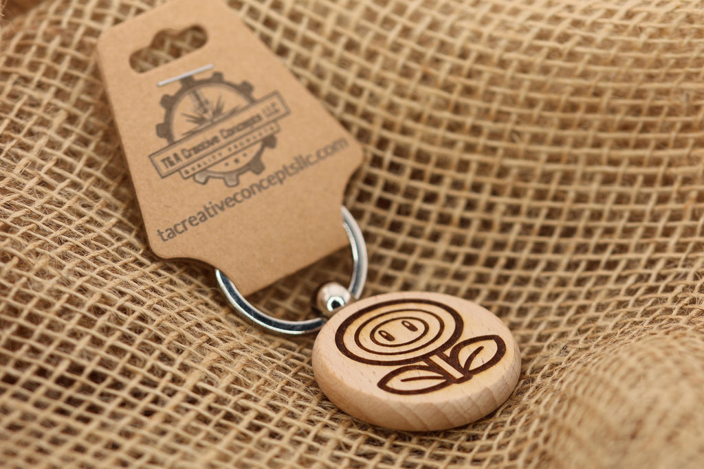 Firepower Flower Keychain - Laser Engraved Hardwood Gaming Accessory with Stainless Steel Ring