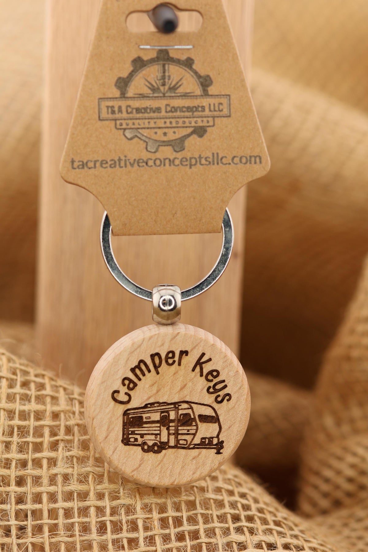 Camper Wood Keychain - Double Sided Design | Natural Hardwood Charm & Rust Resistant Ring