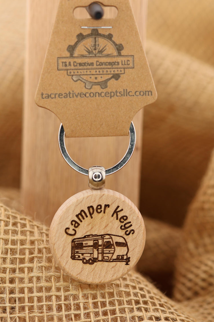 Camper Wood Keychain - Double Sided Design | Natural Hardwood Charm & Rust Resistant Ring