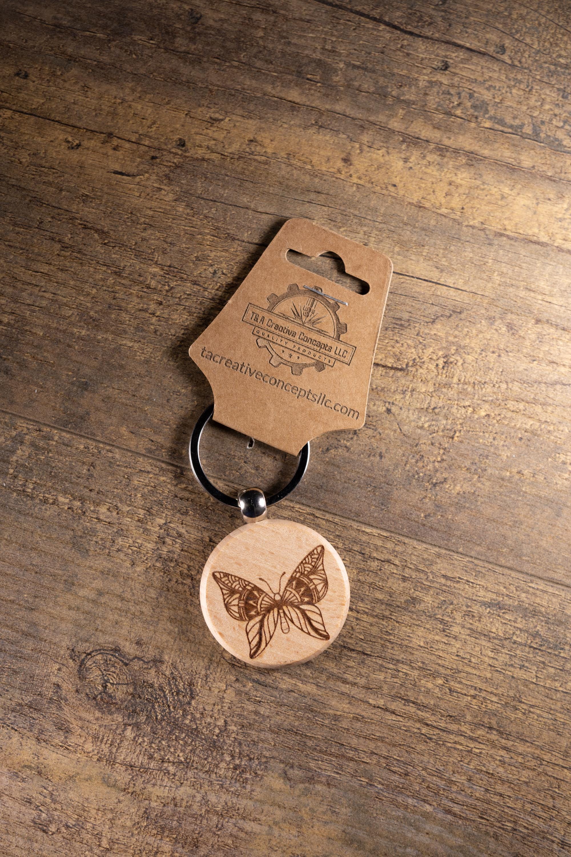 Butterfly Keychain - Laser Engraved Wood Bag Charm with Stainless Steel Ring