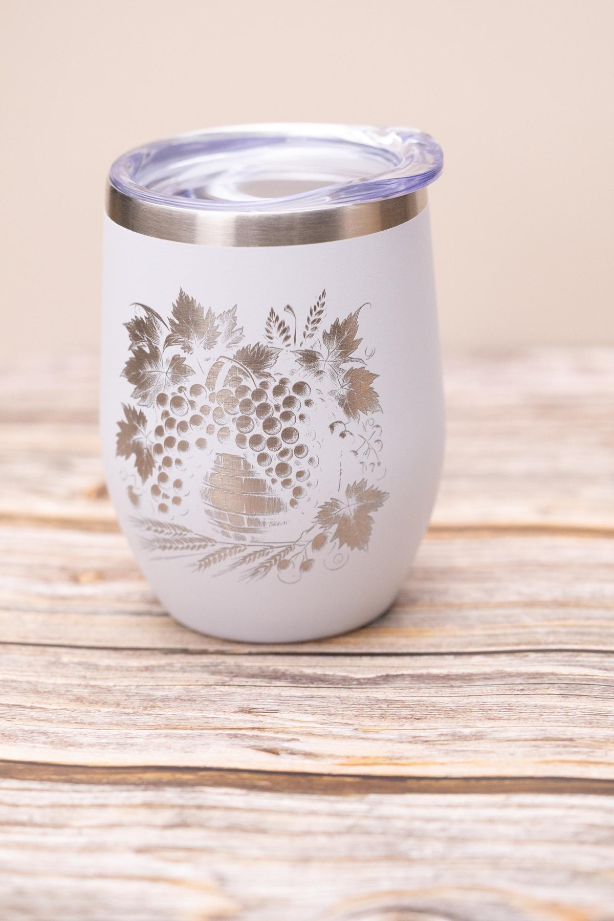 Wine Tumbler - Stainless Steel Cup With Spill Proof Lid & Laser Engraved Grape Design