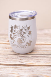Wine Tumbler - Stainless Steel Cup With Spill Proof Lid & Laser Engraved Grape Design