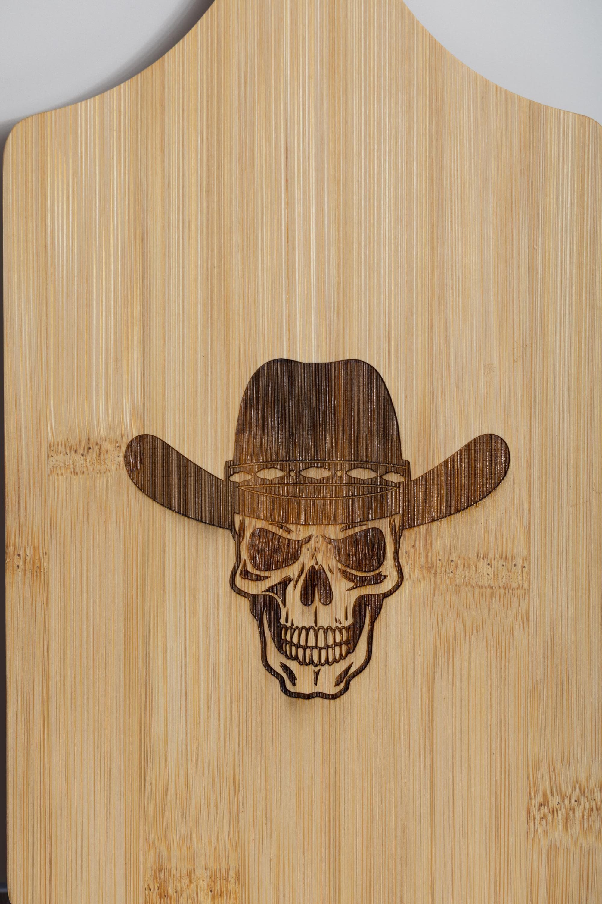 Cowboy Skull Cutting Board – Bamboo Rustic Kitchen Board With Cowboy Hat Design