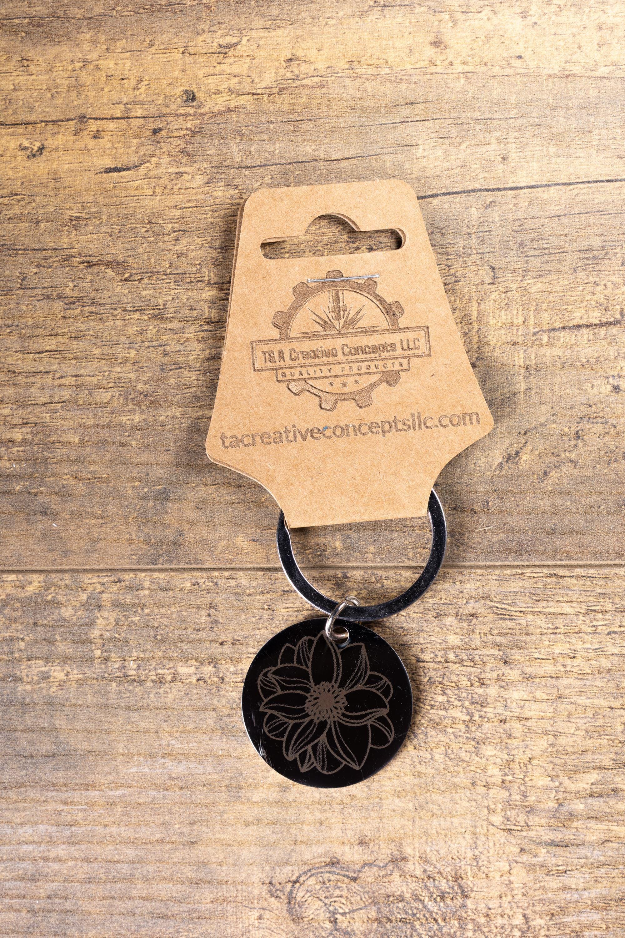 Mandala Flower Keychain – Black Stainless Steel, Double-Sided Engraved Charm