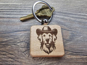 Golden Retriever Keychain – Laser Engraved Wood Cowboy Hat Charm, Durable Hardwood